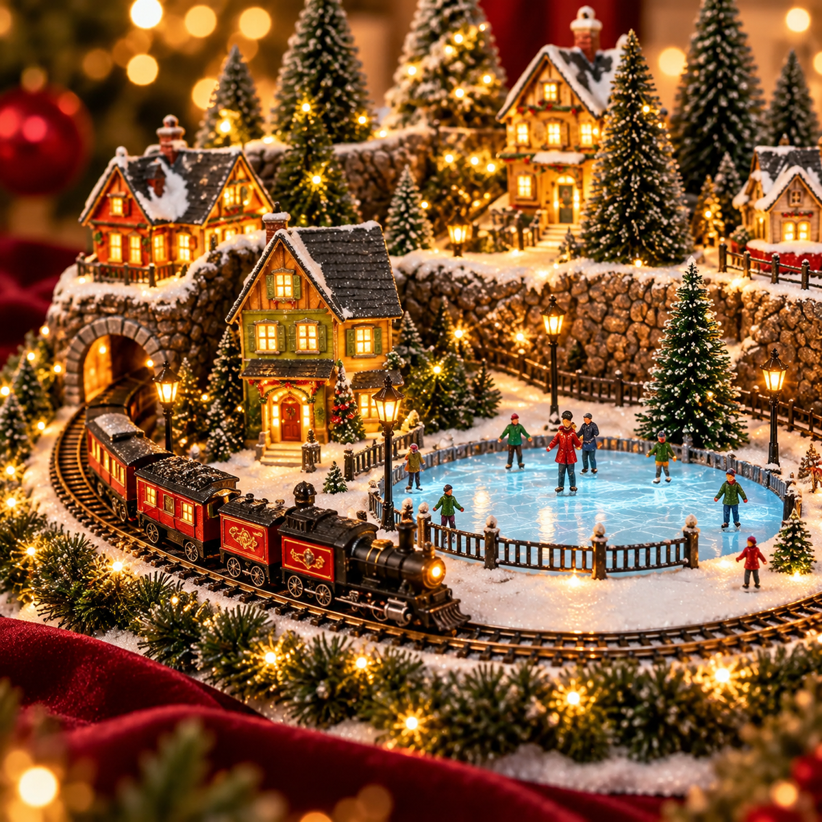Animated Holiday Train & Ice Rink Scene