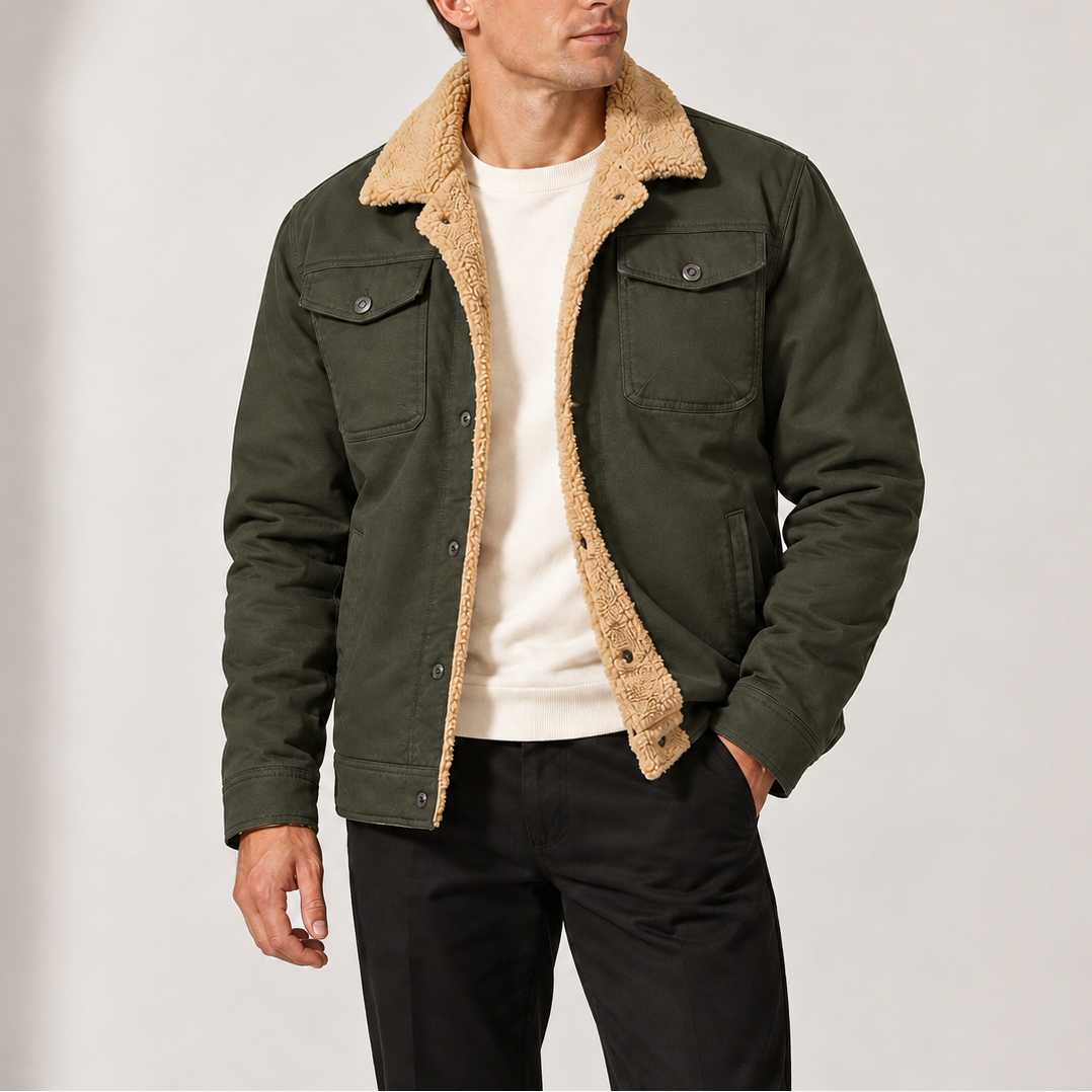Men's Sherpa-Lined Trucker Jacket with Fleece Collar and Chest Pockets