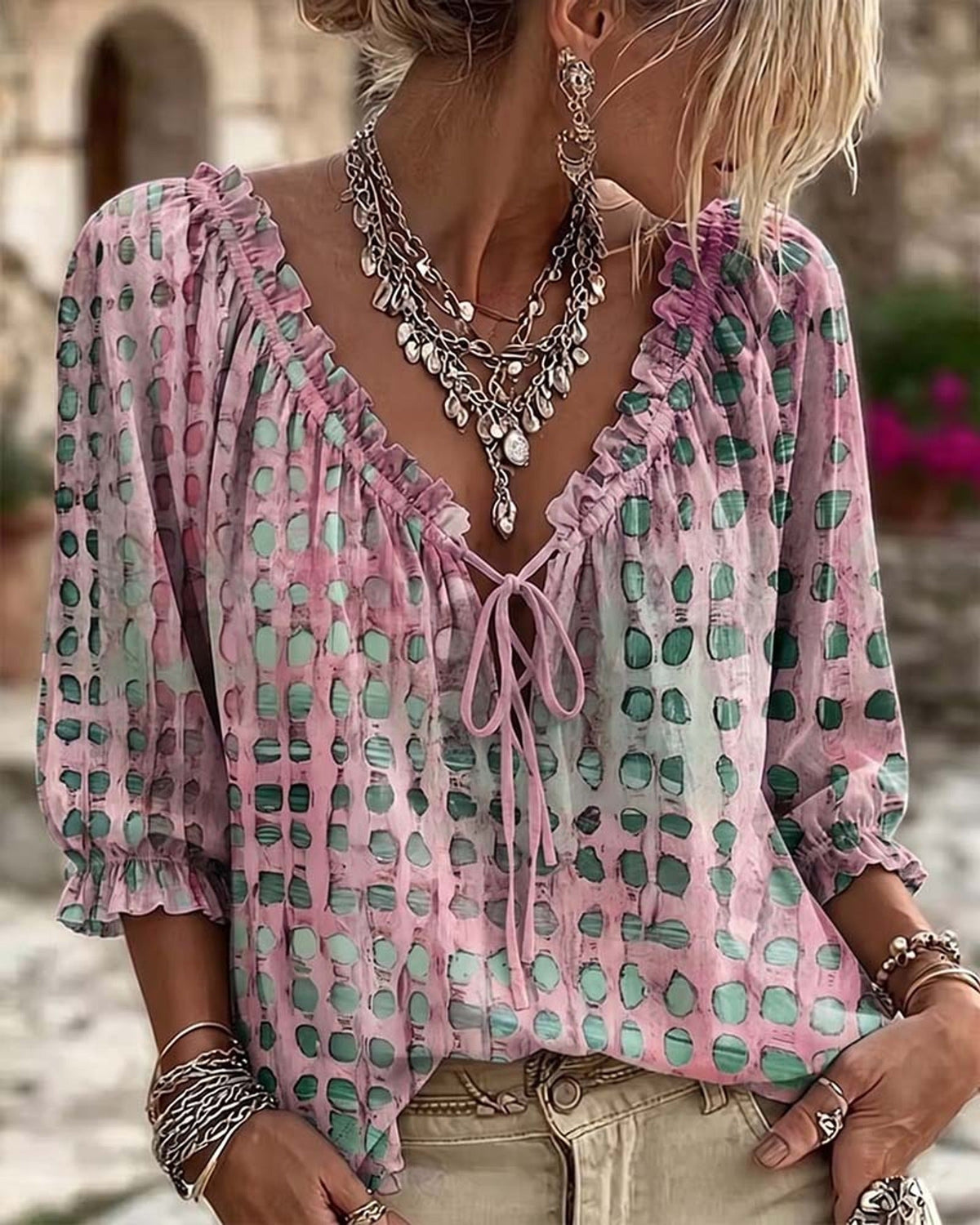 Boho Print Tie-Neck Blouse