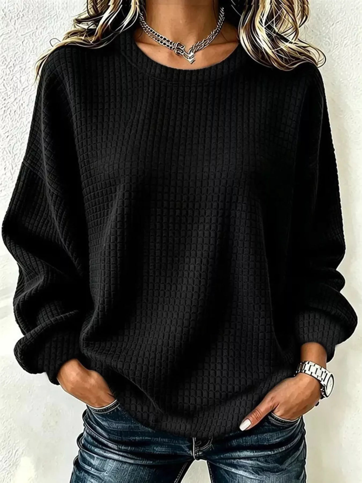 Full Size Waffle Knit Long Sleeve Crew Neck Sweatshirt Plus Size