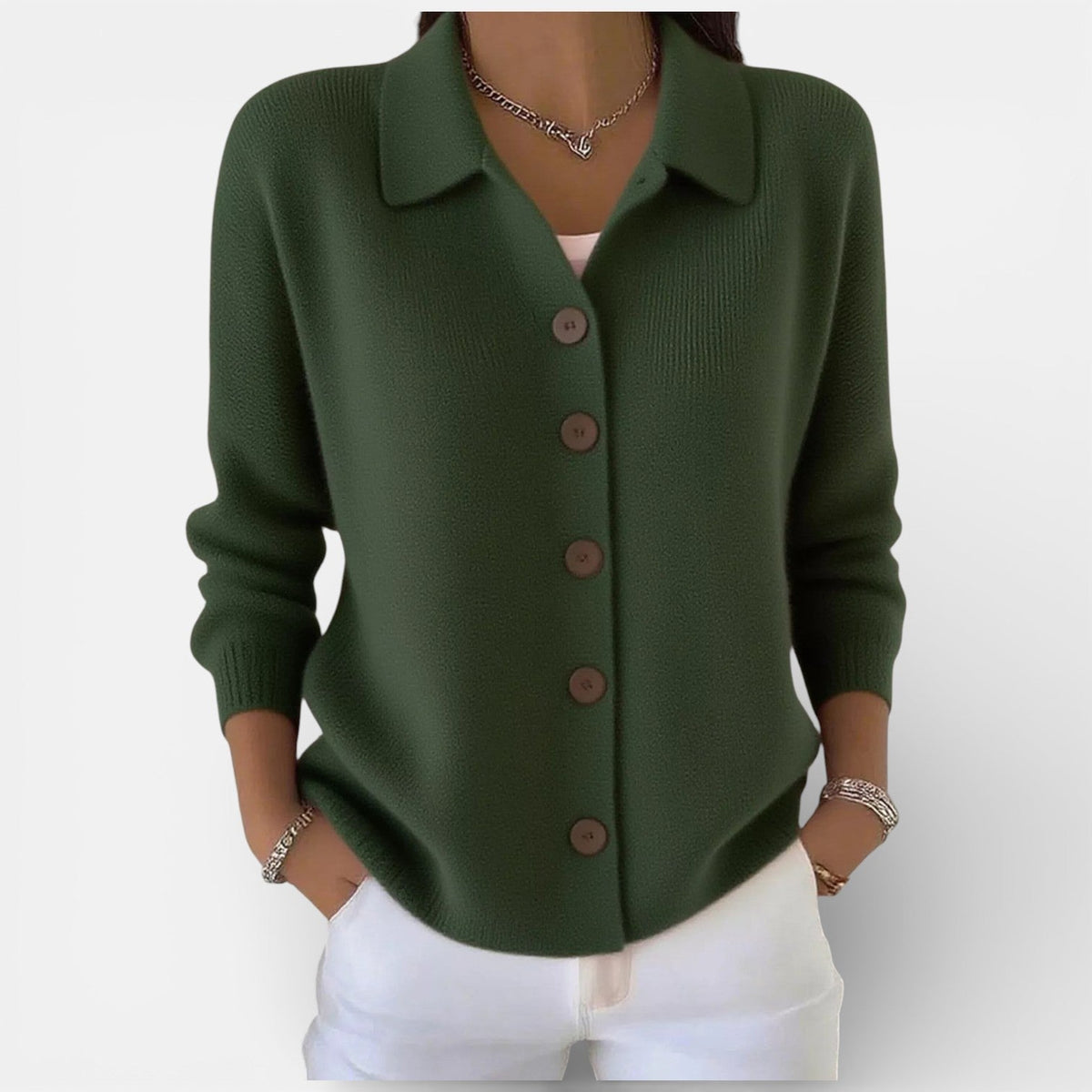 Knit Blouse with Polo Collar and Button Placket