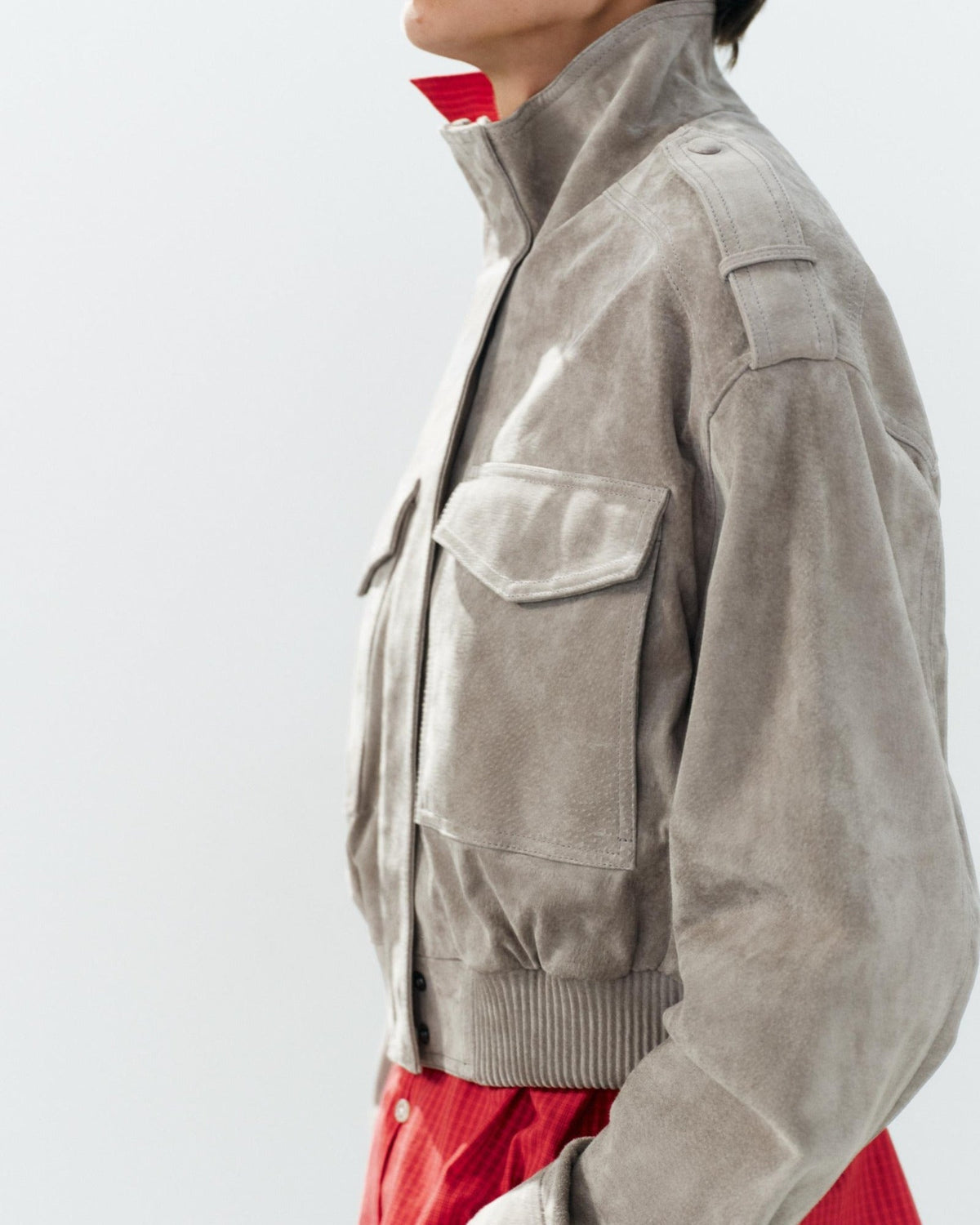 Suede Cropped Bomber Jacket in Gray