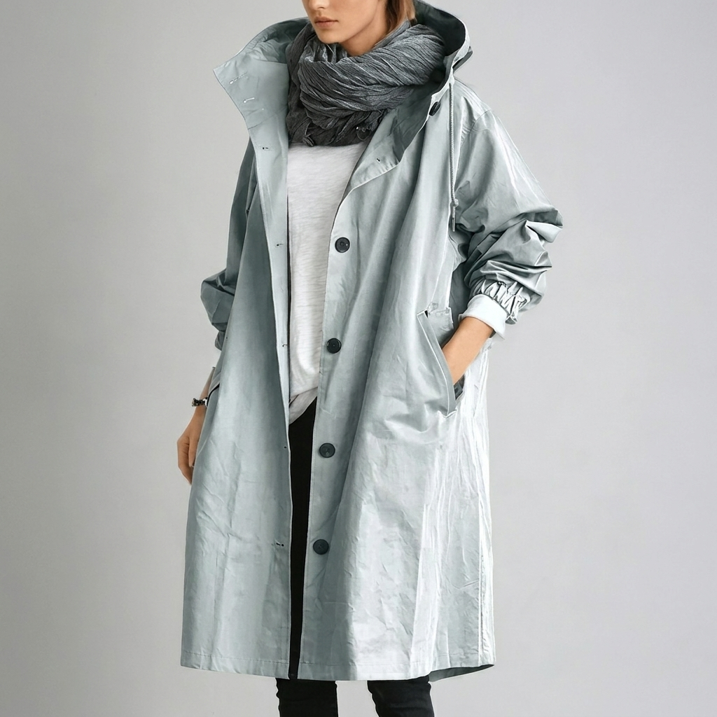Women's Hooded Raincoat with Button Front and Long Length