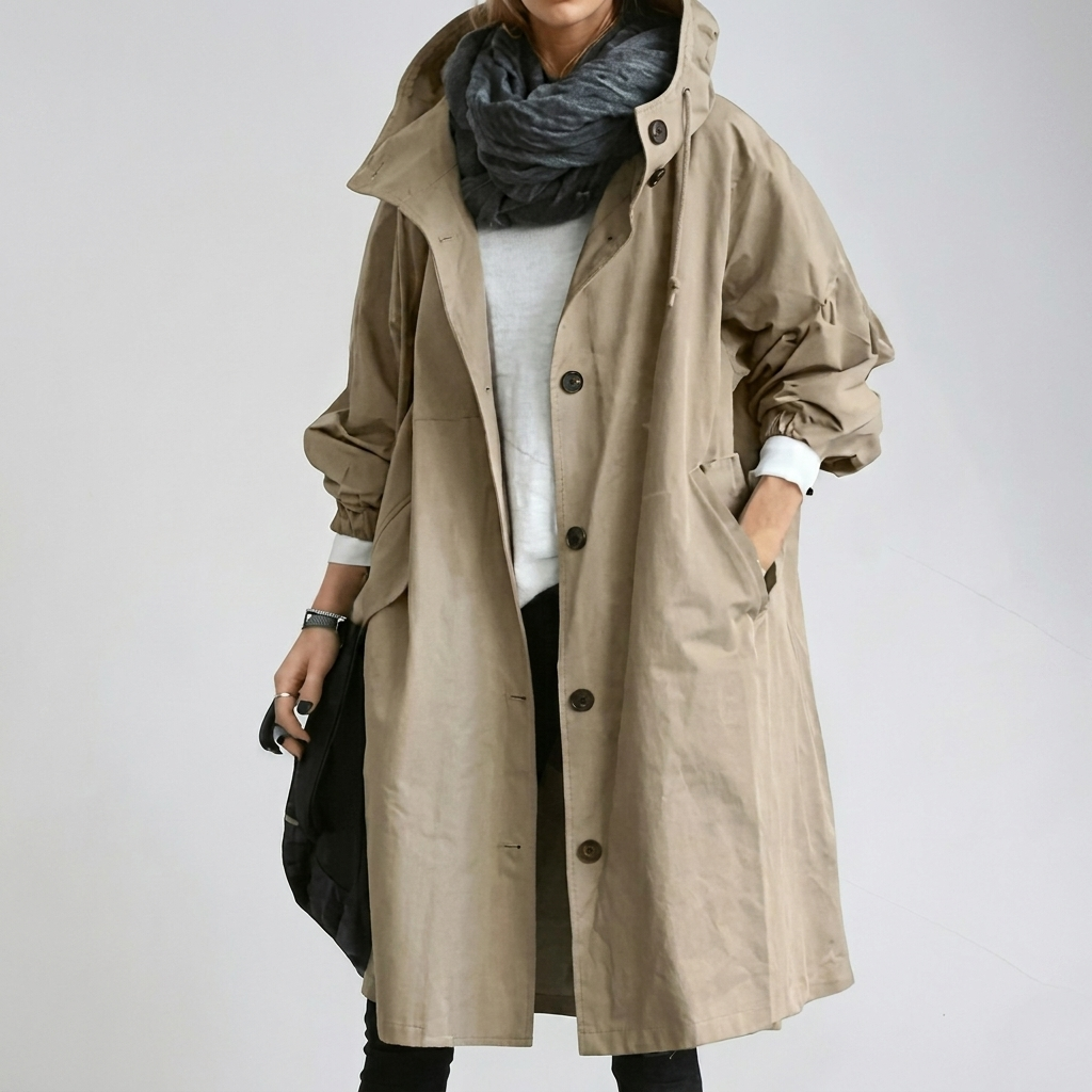 Women's Hooded Raincoat with Button Front and Long Length