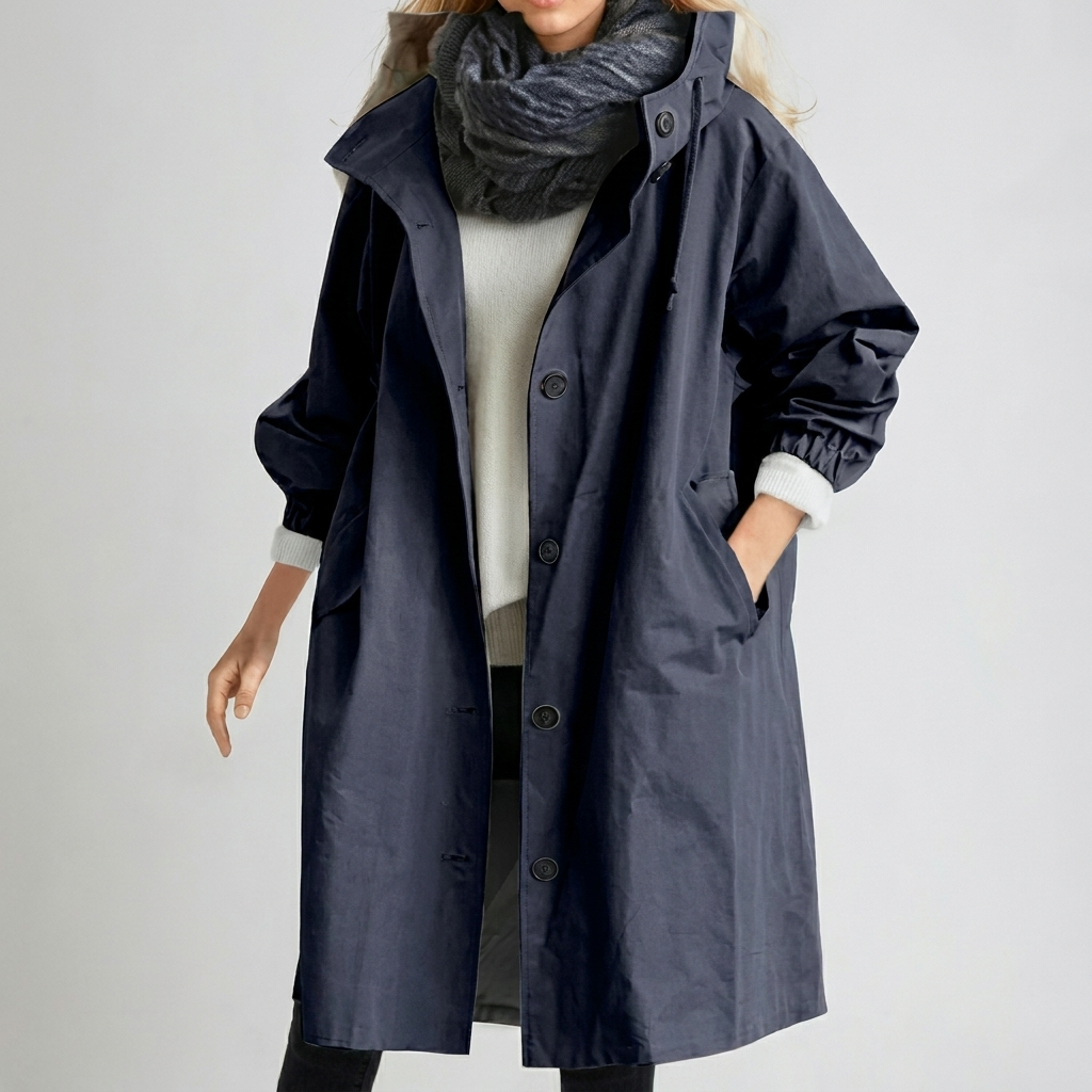 Women's Hooded Raincoat with Button Front and Long Length