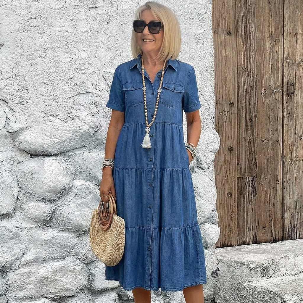 Relaxed Tiered Button-Front Midi Dress