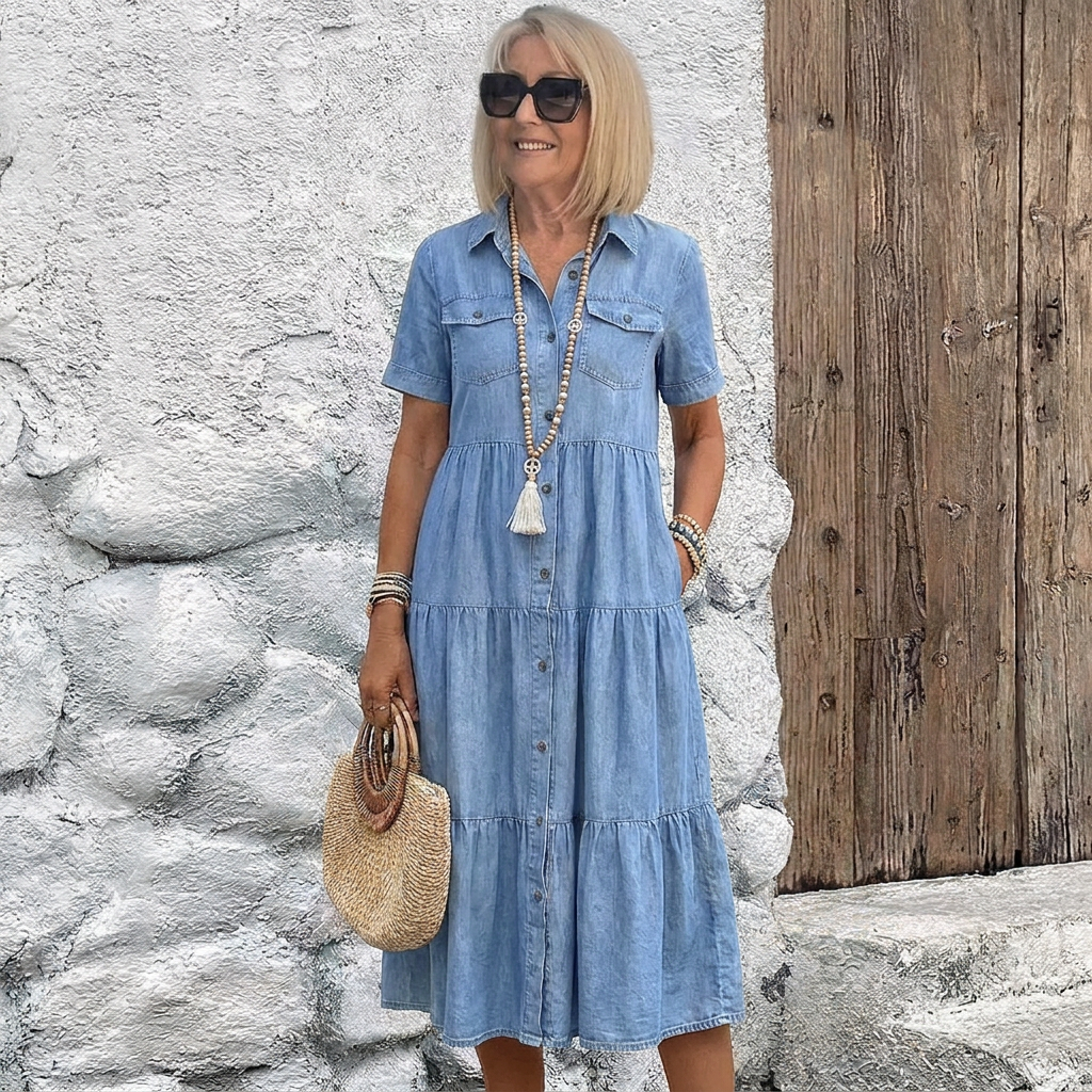 Relaxed Tiered Button-Front Midi Dress