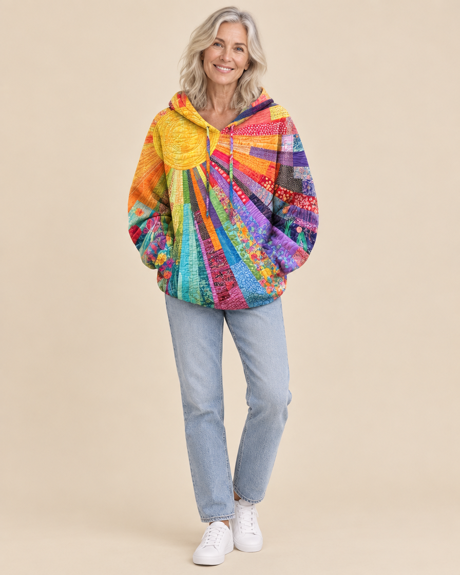 Women's Patchwork Sunburst Hoodie with Drawstring Hood – Relaxed Fit