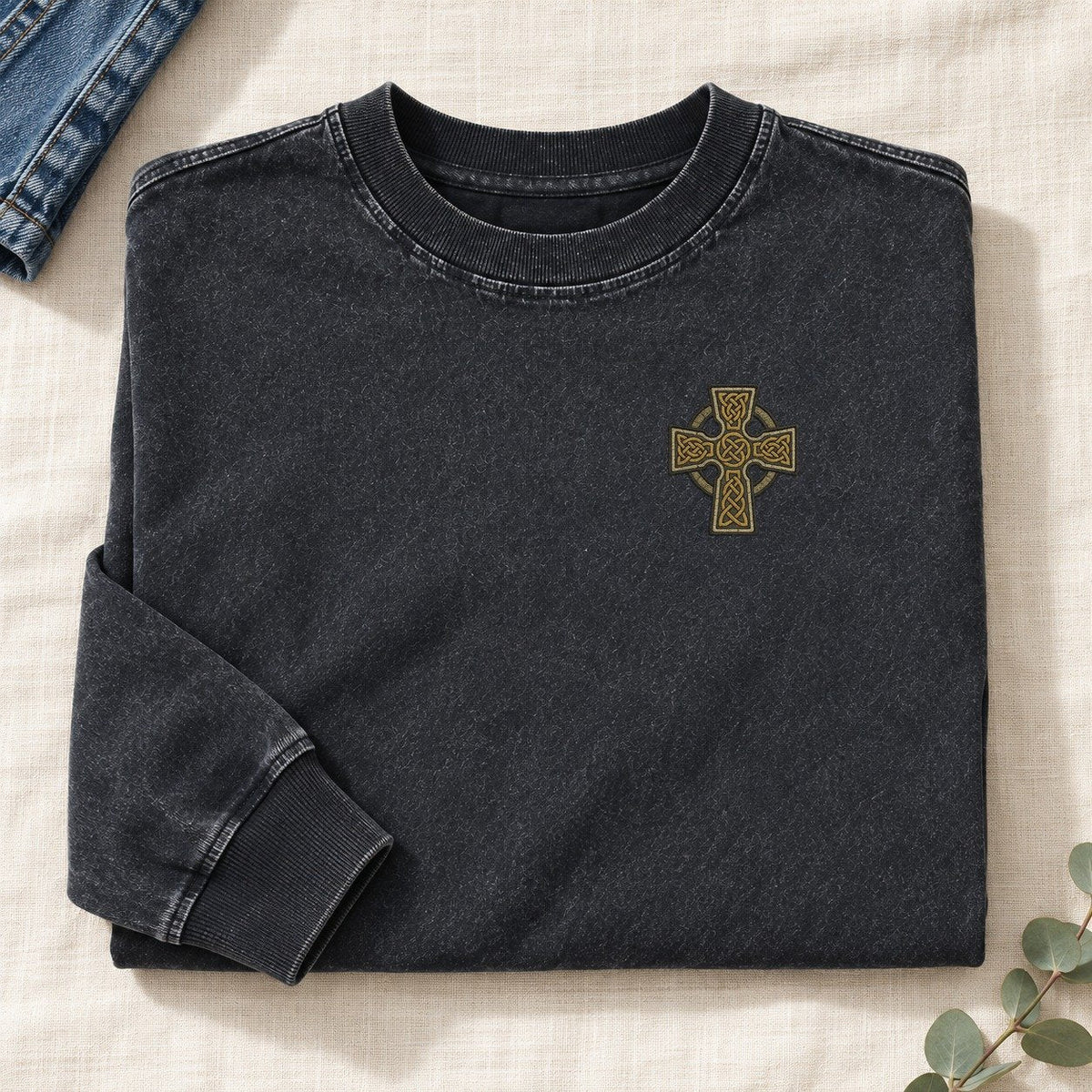 Celtic Cross Left Chest Washed Long Sleeve T-Shirt