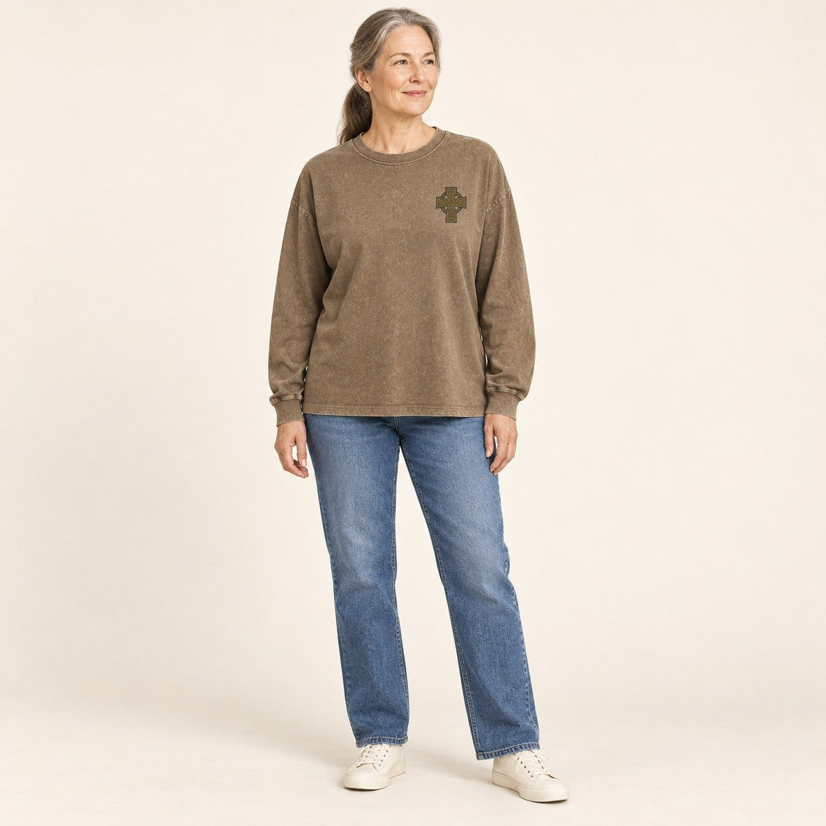 Celtic Cross Left Chest Washed Long Sleeve T-Shirt