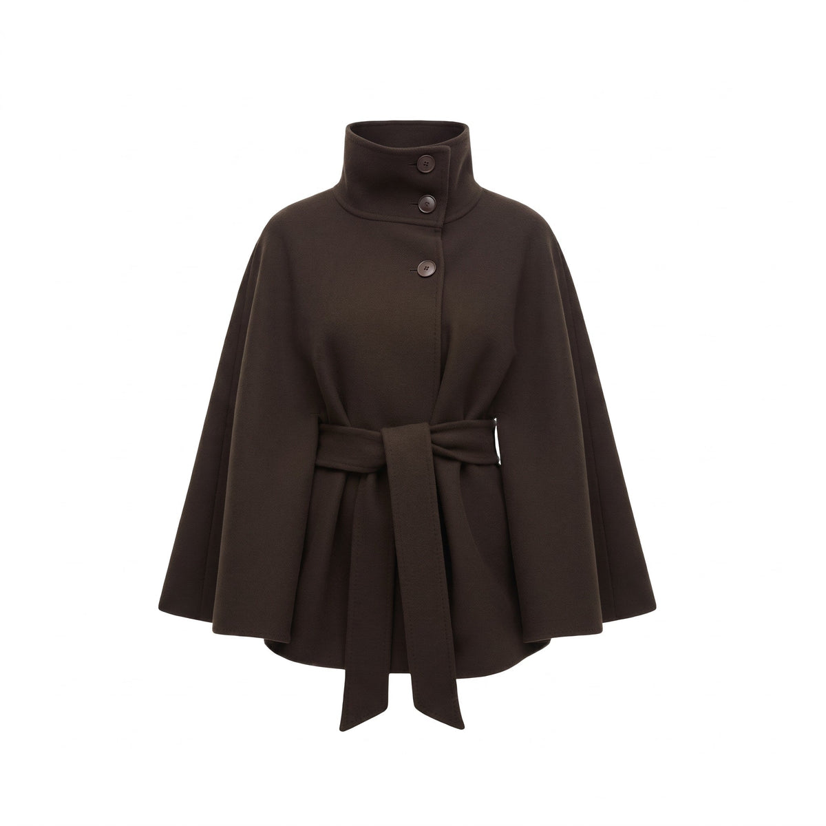 Women's Belted Cape Coat with High Collar and Button Front