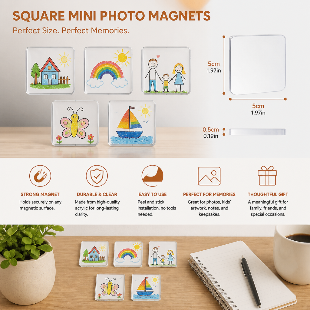 Clear Acrylic Magnetic Photo Frames with Adhesive Backing Set of 5