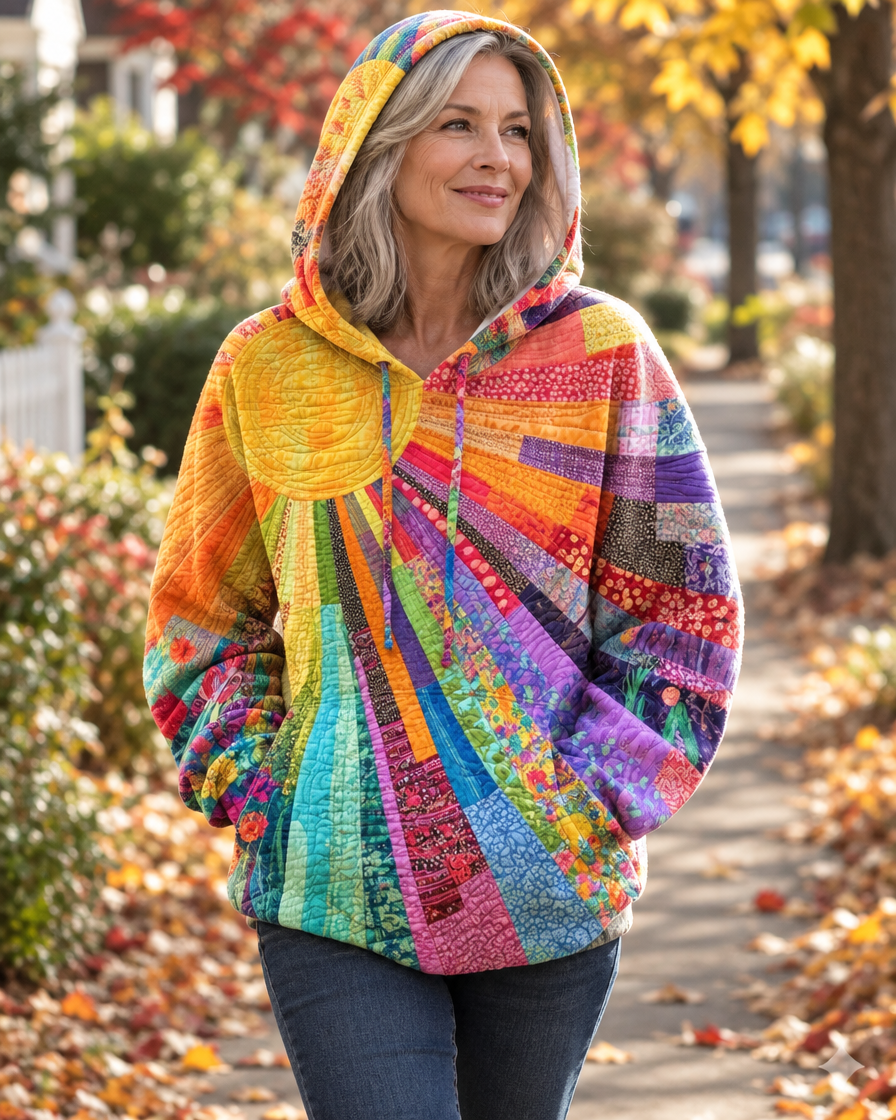 Women's Patchwork Sunburst Hoodie with Drawstring Hood – Relaxed Fit