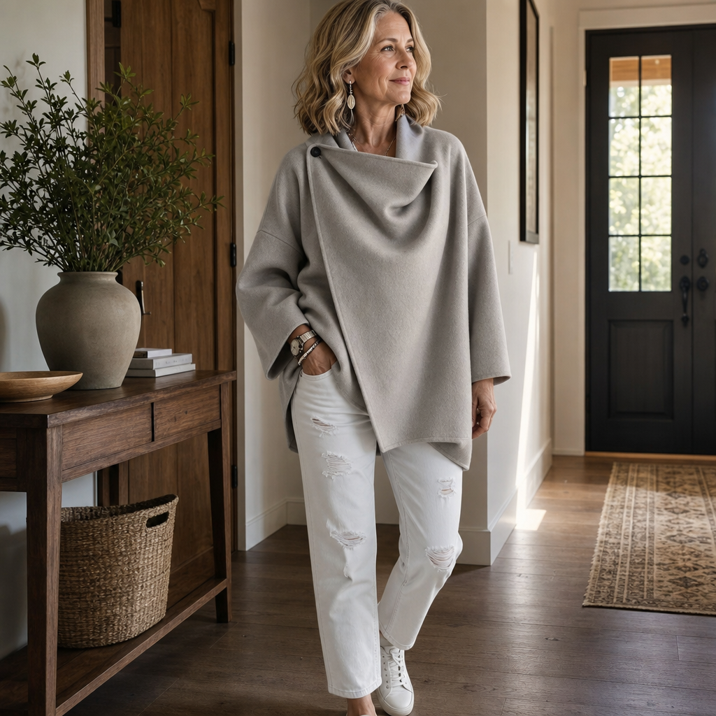 Asymmetric Button Wrap Cape Jacket