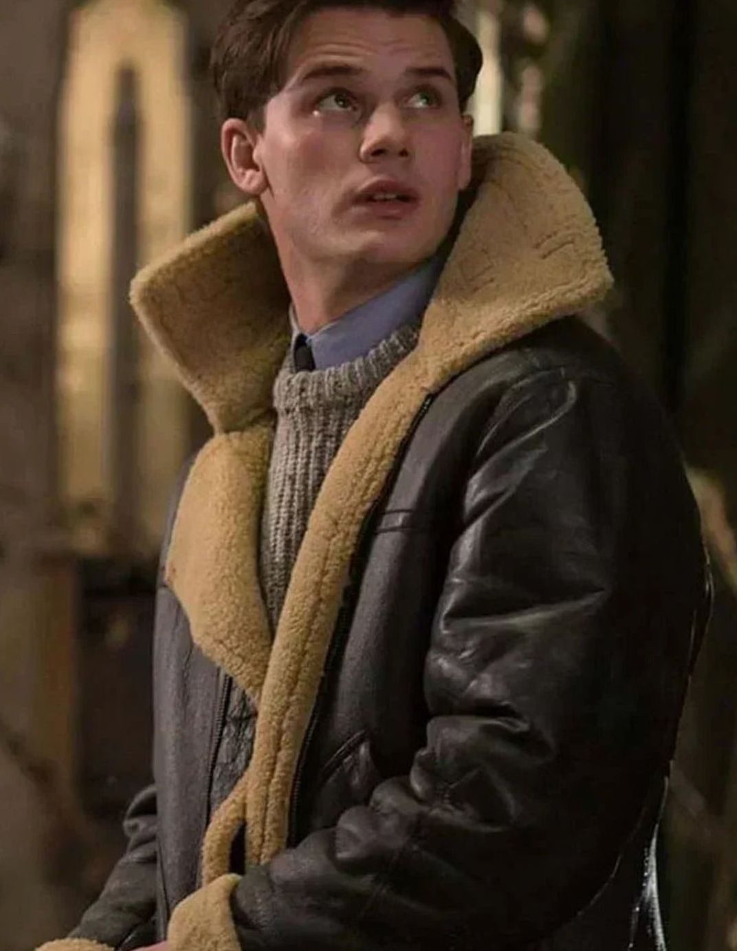 Men's Shearling-Lined Zip-Up Aviator Leather Jacket
