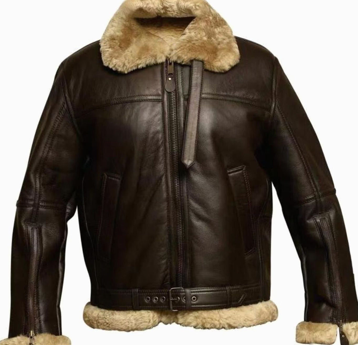 Men's Shearling-Lined Zip-Up Aviator Leather Jacket