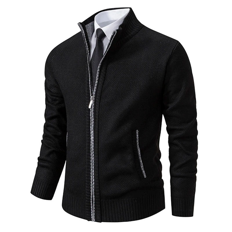 Merino Wool Men's Cardigan with Zip and Stand-Up Collar