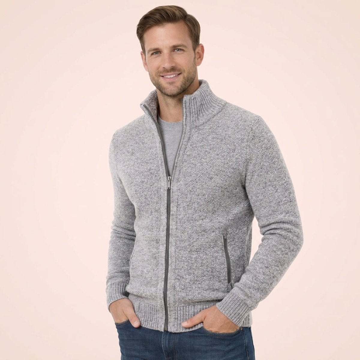 Merino Wool Men's Cardigan with Zip and Stand-Up Collar