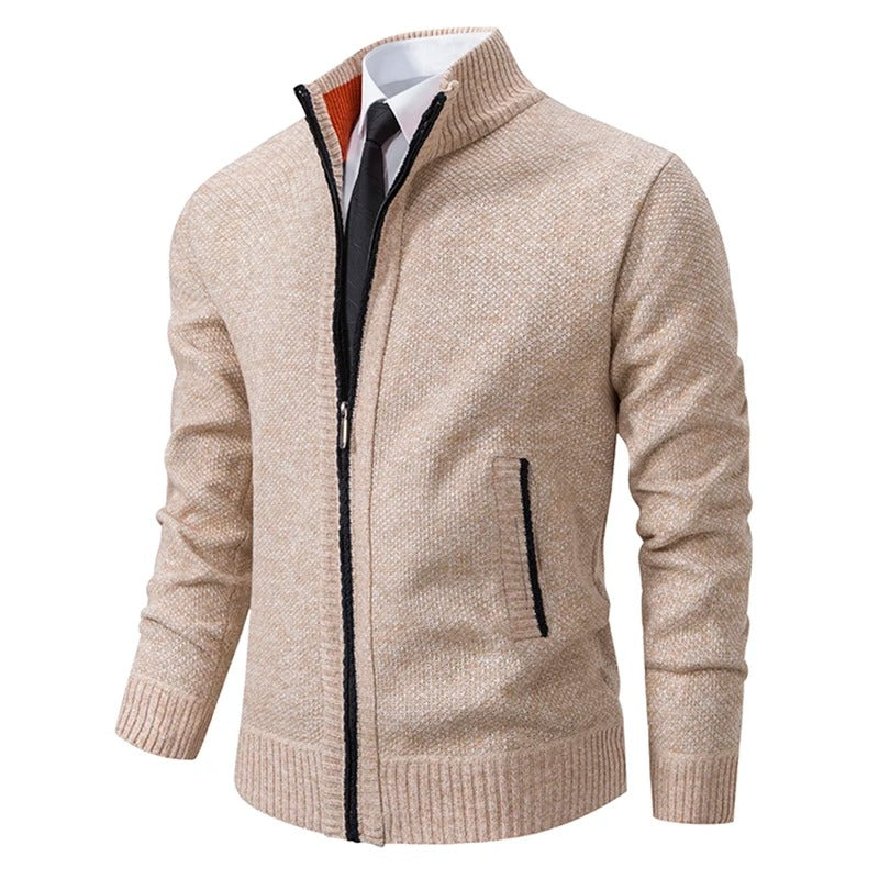 Merino Wool Men's Cardigan with Zip and Stand-Up Collar