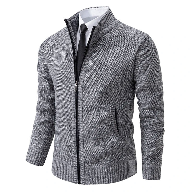 Merino Wool Men's Cardigan with Zip and Stand-Up Collar
