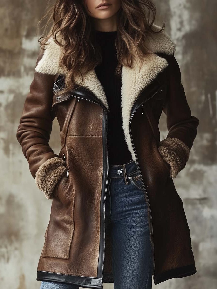 Long Vintage Leather Coat with Faux Fur Collar for Women