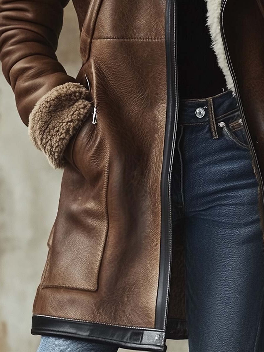 Long Vintage Leather Coat with Faux Fur Collar for Women