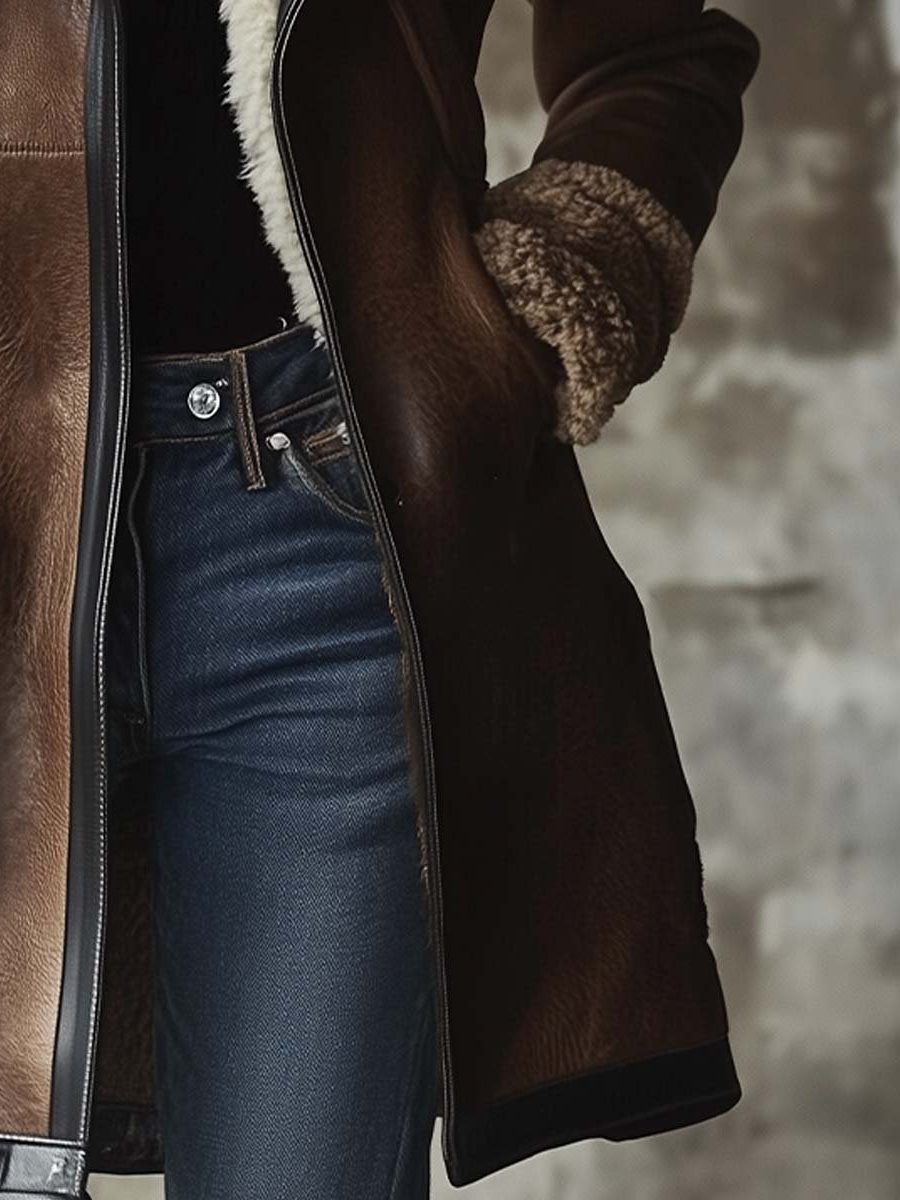 Long Vintage Leather Coat with Faux Fur Collar for Women