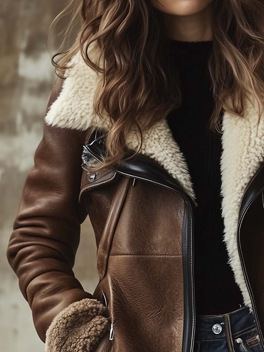 Long Vintage Leather Coat with Faux Fur Collar for Women