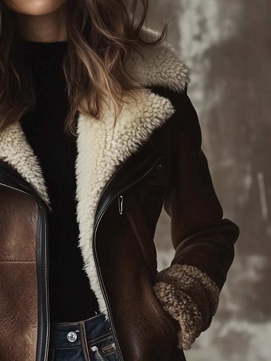 Long Vintage Leather Coat with Faux Fur Collar for Women