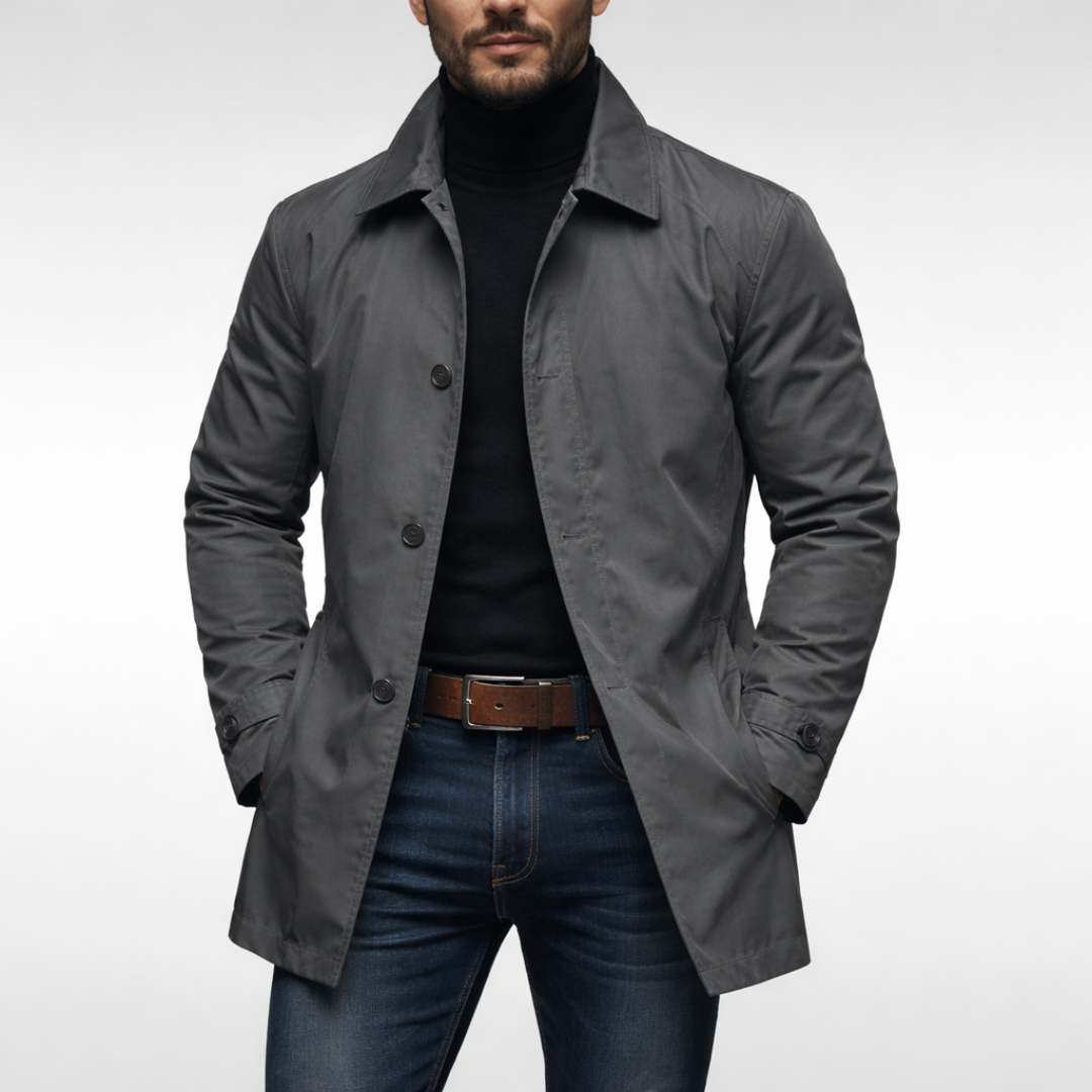 Mid-Length Men's Coat with Button Placket