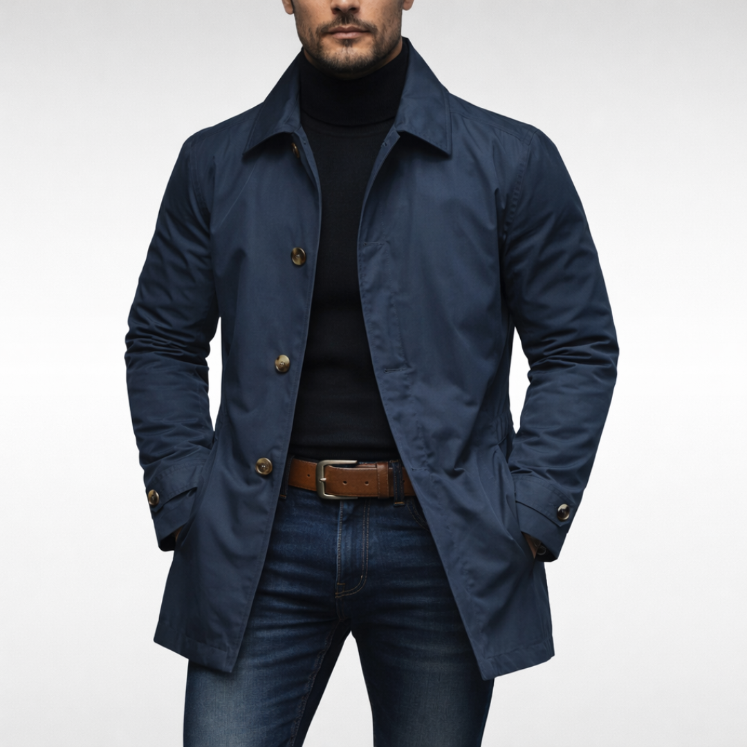 Mid-Length Men's Coat with Button Placket