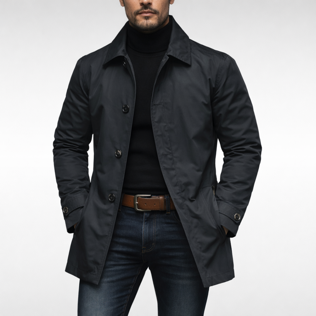 Mid-Length Men's Coat with Button Placket