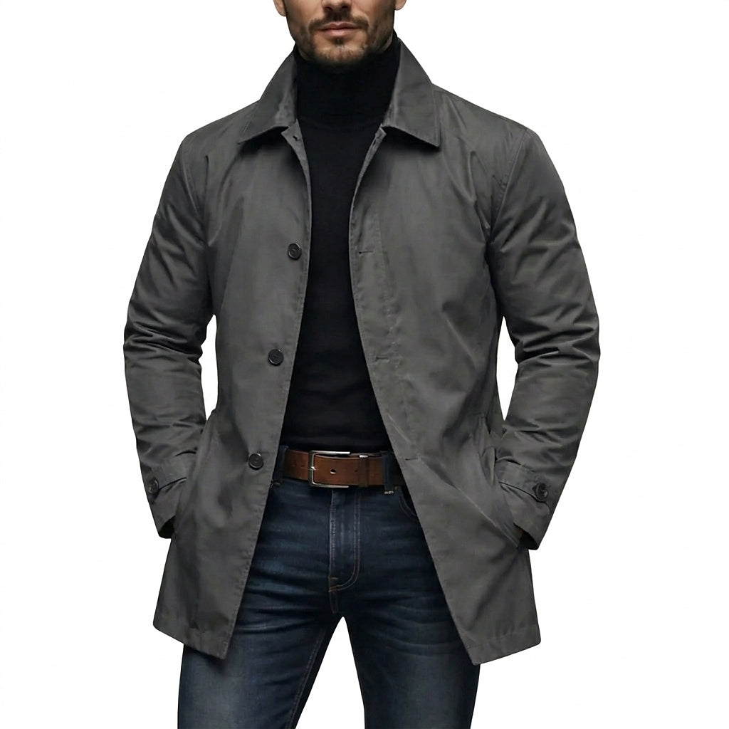 Mid-Length Men's Coat with Button Placket