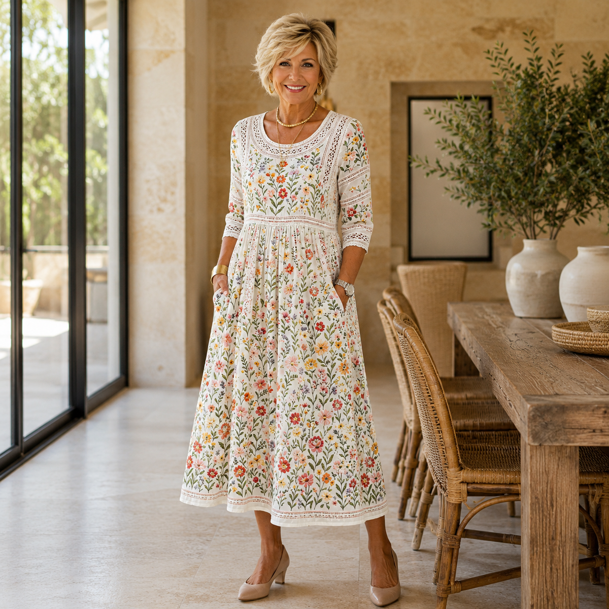 The Meadow Dress – Women's Floral Embroidered Midi with Pockets