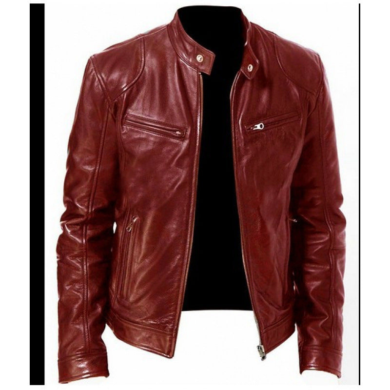 Mens Zip Front Jacket with Stand Collar and Zippered Pockets