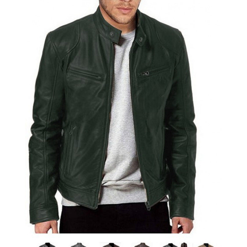 Mens Zip Front Jacket with Stand Collar and Zippered Pockets