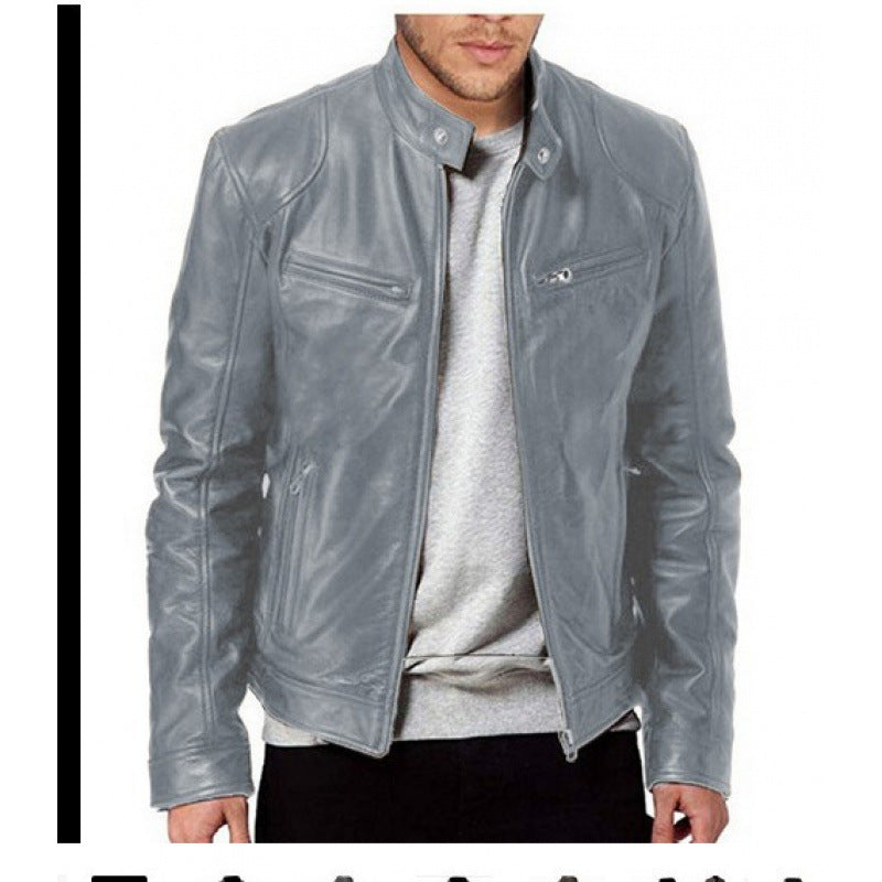 Mens Zip Front Jacket with Stand Collar and Zippered Pockets