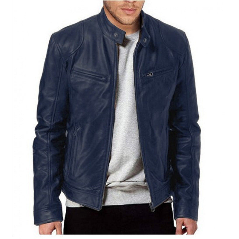 Mens Zip Front Jacket with Stand Collar and Zippered Pockets