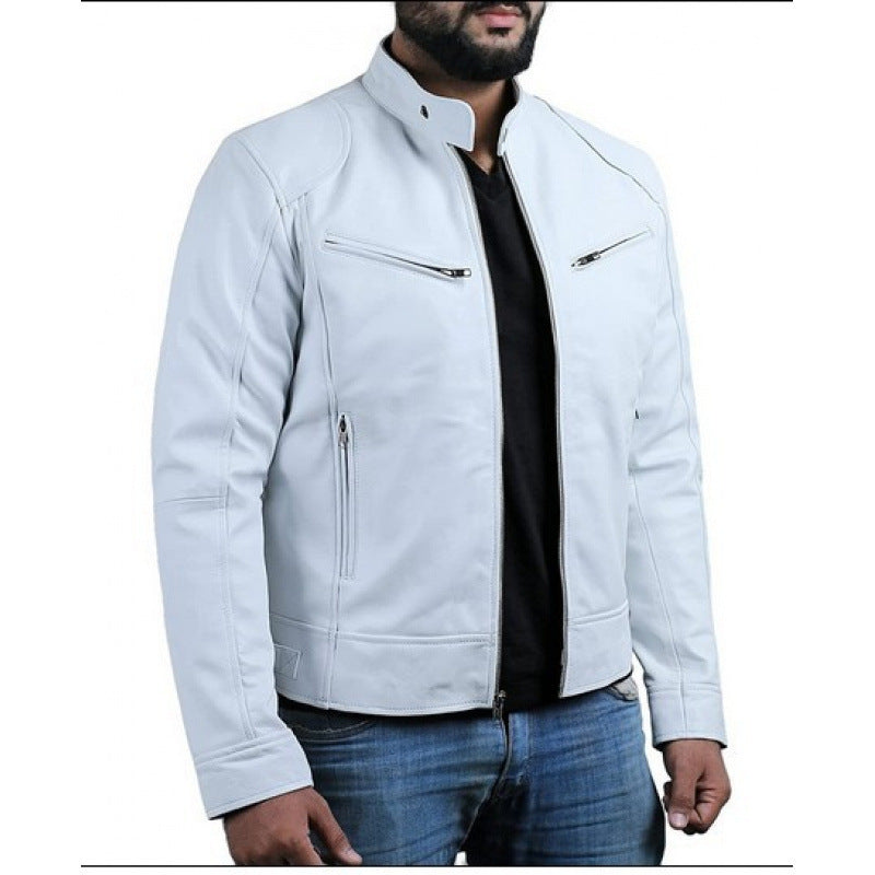 Mens Zip Front Jacket with Stand Collar and Zippered Pockets