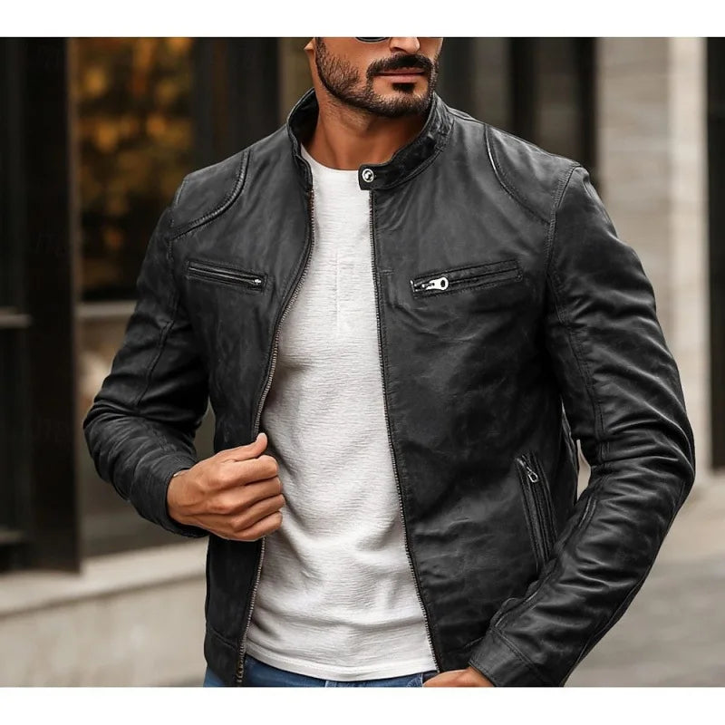 Mens Zip Front Jacket with Stand Collar and Zippered Pockets