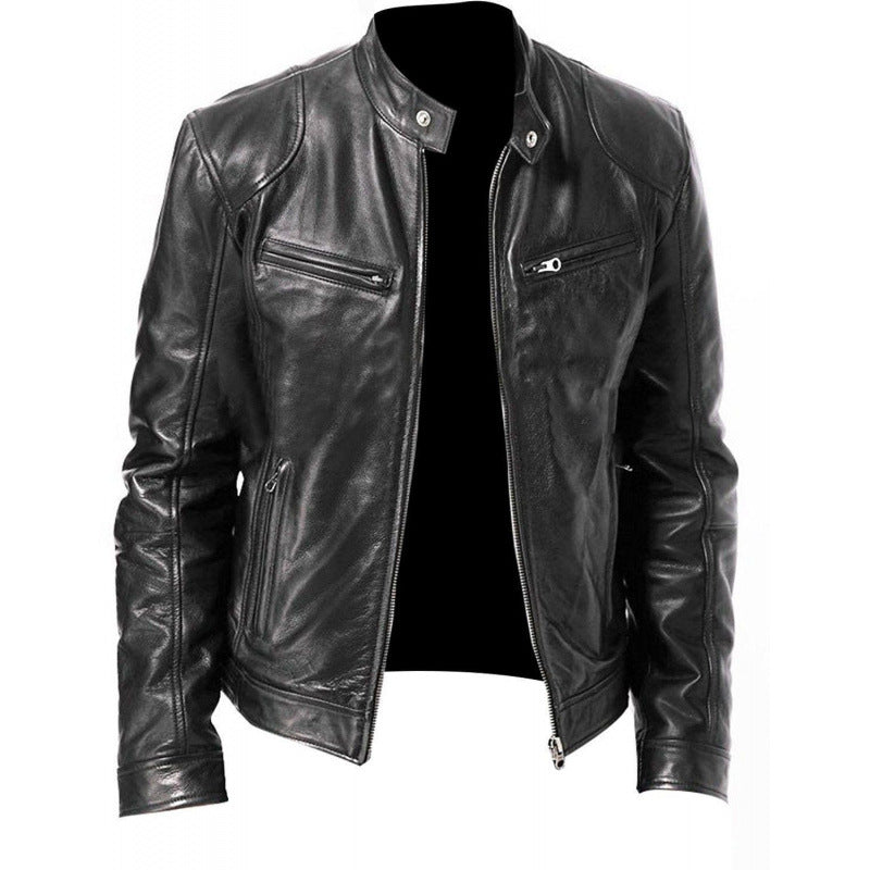 Mens Zip Front Jacket with Stand Collar and Zippered Pockets