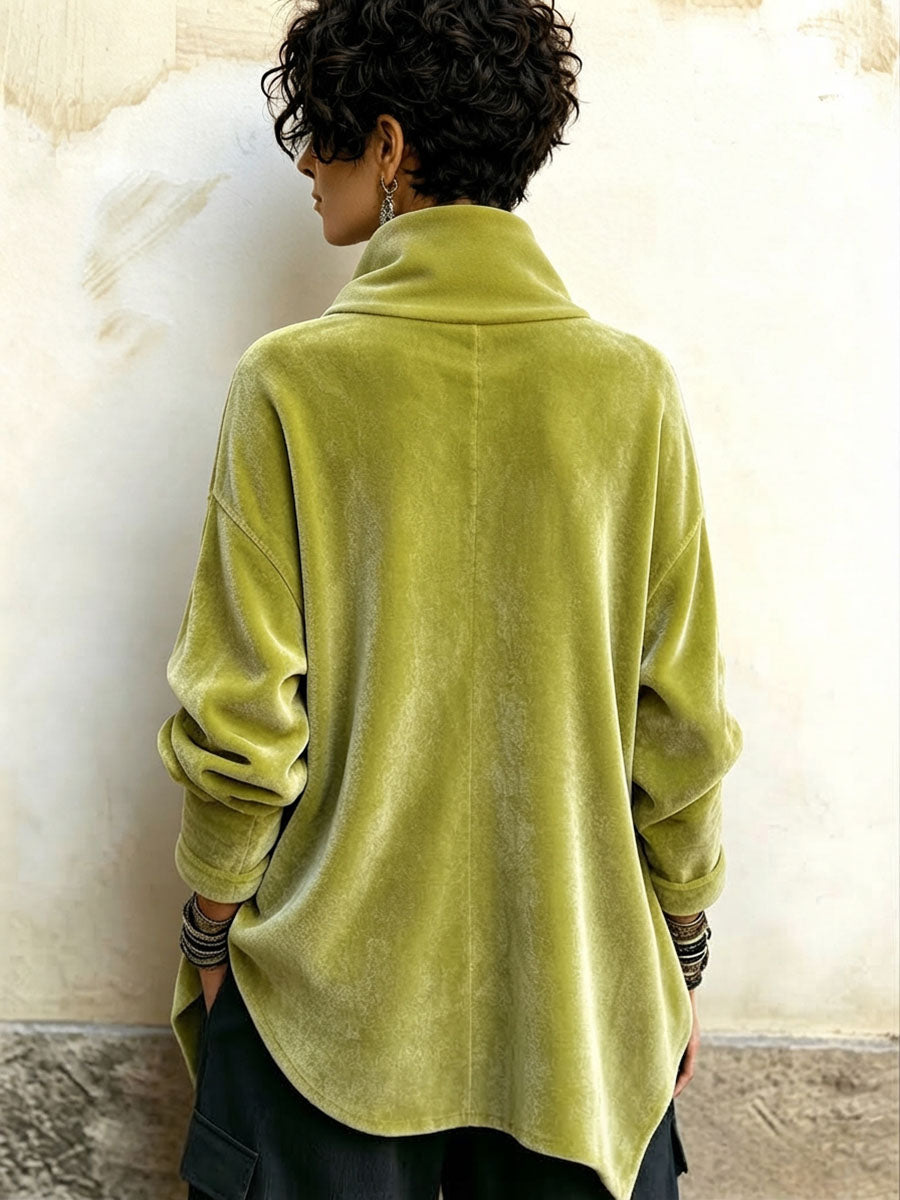 Velvet Asymmetric Button Turtleneck Top