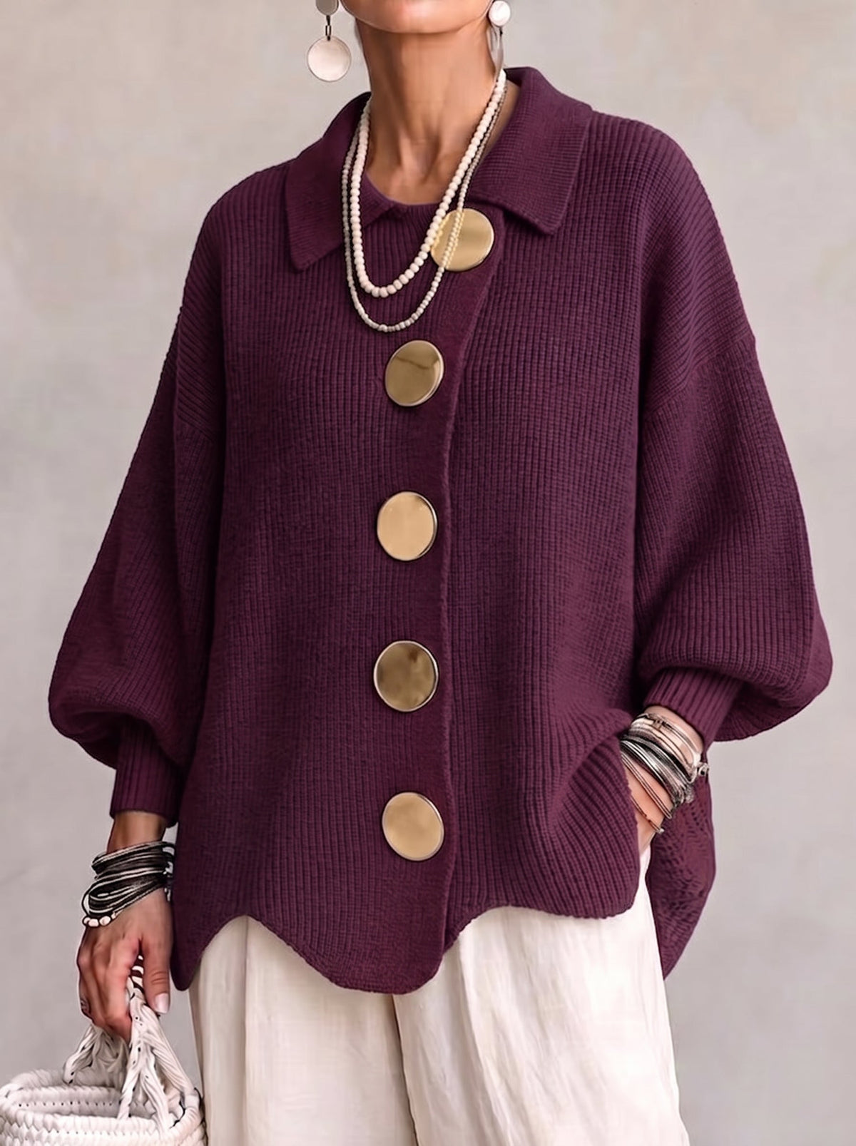 Oversized Collared Cardigan With Large Metal Buttons