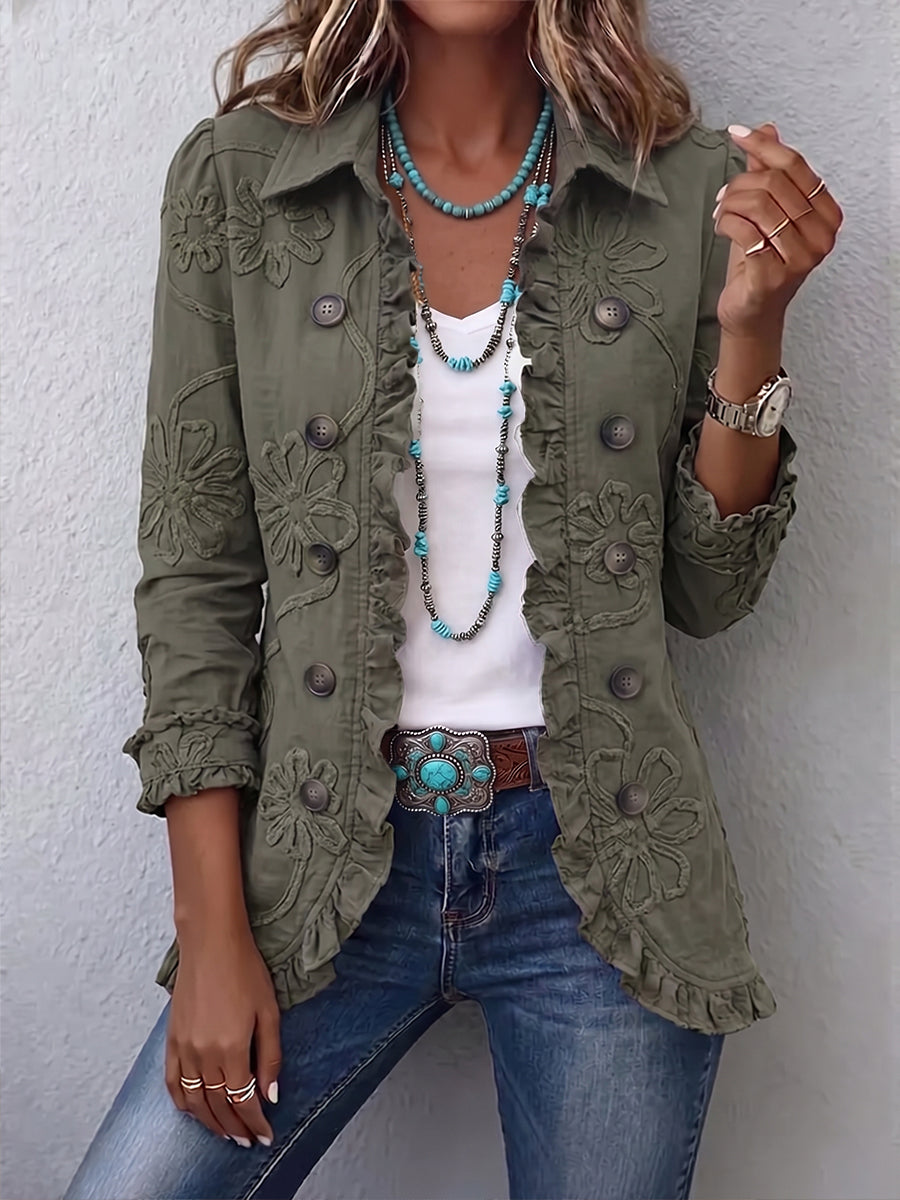 Boho Ruffled Utility Jacket with Floral Embroidery