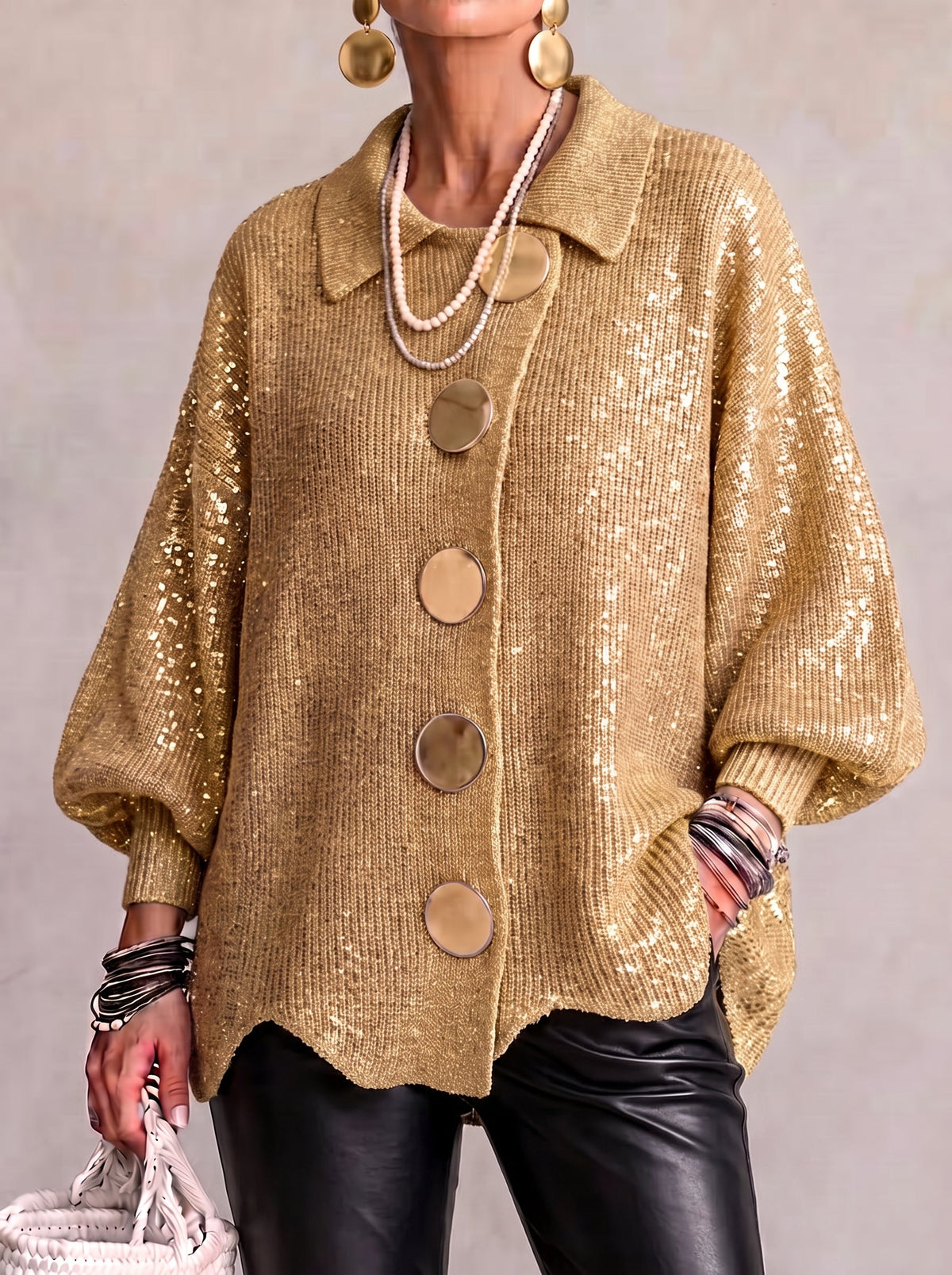 Oversized Collared Cardigan With Large Metal Buttons