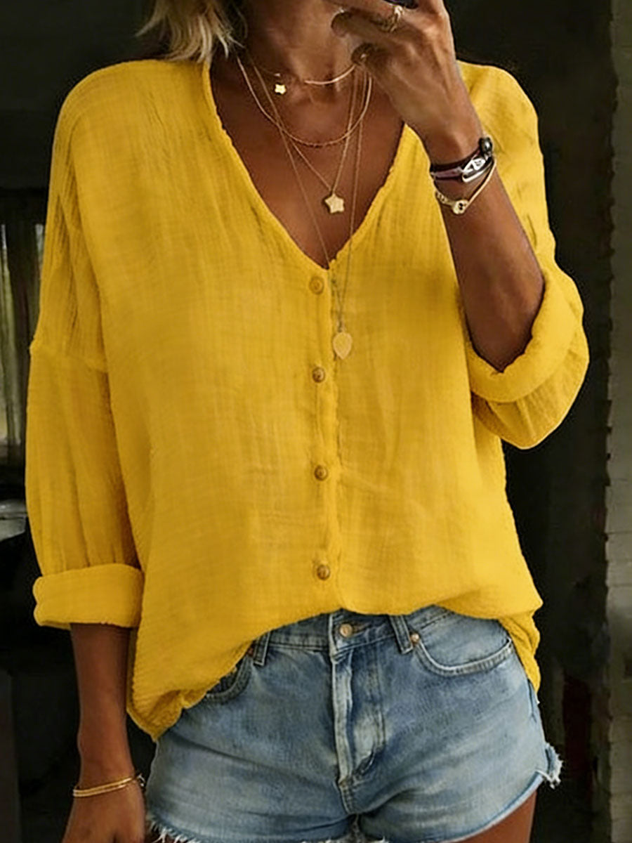 Cotton Linen Loose Solid Color Long-sleeved Shirt