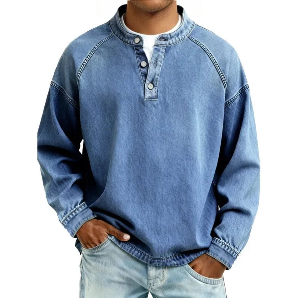 Men's Vintage-Wash Denim-Look Henley Pullover Sweatshirt