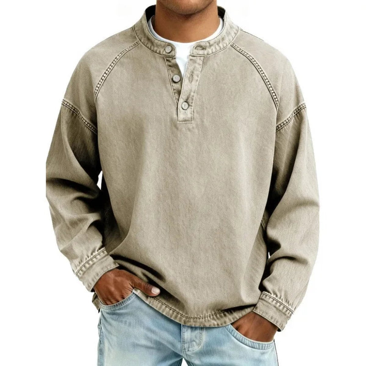 Men's Vintage-Wash Denim-Look Henley Pullover Sweatshirt