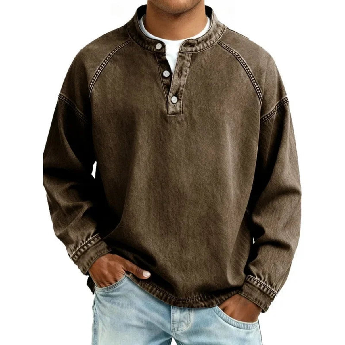 Men's Vintage-Wash Denim-Look Henley Pullover Sweatshirt