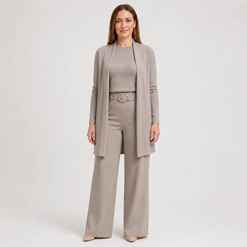 3-Piece Ribbed Knit Travel & Lounge Set (Cardigan + Tank + Wide-Leg Pants)